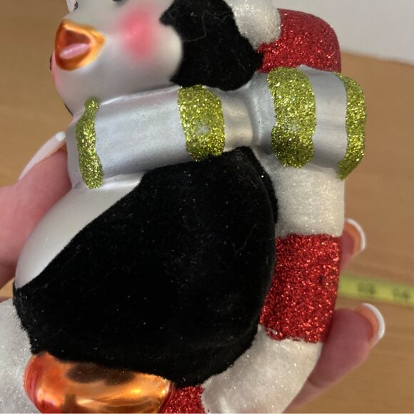 Christopher Radko Penguin Glass Christmas Ornament w Candy Cane Flocked Glitter - Picture 6 of 9
